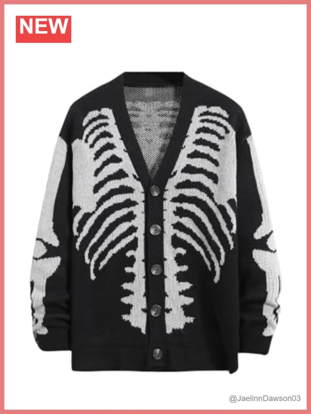 Skeleton Print V Neck Button Down Goth Cardigan Grunge Loose Fit Sweater